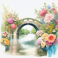 Watercolor illustration beautiful sweet canal bridges with beautiful flowers, colorful flower gardens, roses