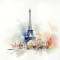 Watercolor illustration of a beautiful view of Eiffel tower in Paris in France. Cityscape or urban skyline. Created with Royalty Free Stock Photo