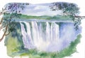 Watercolor illustration of beautiful waterfall