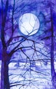 Watercolor illustration of a beautiful winter Russian forest with a huge moon and village houses in the background Royalty Free Stock Photo