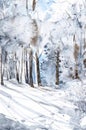 Watercolor illustration of a beautiful winter Russian forest with shadows from tree trunks in the snow