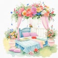 Watercolor illustration bedroom beautiful colors full of beautiful flowers, flower pots Royalty Free Stock Photo