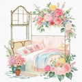 Watercolor illustration bedroom, with beautiful flowers, flower pot and beautiful patterned pillows Royalty Free Stock Photo