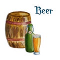 Watercolor illustration of beer. Barrel, glass and beer bottle