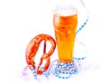 Watercolor illustration of beer glass with fresh beer and Oktoberfest bavarian party steamers