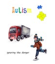 Watercolor illustration of the behavior of children with autism. Ignoring the danger.World autism awareness day.isolated on a
