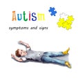 Watercolor illustration of the behavior of children with autism. tantrums, loneliness, illogical behavior.World autism awareness