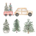 Watercolor illustration. Beige car set with Christmas tree and gifts, winter holidays, happy new year