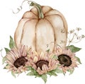 Watercolor illustration of the beige pumpkin decorated with sunflowers, green leaves, dill flowers.