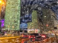 Watercolor illustration of Berlin Potsdamer Place with traffic jam during night time