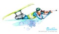 Watercolor illustration. Biathlon. Cross-Country Skiing. Disability snow sports. Disabled athlete shoots from a rifle
