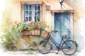 watercolor illustration of a bicycle with a basket of drains near the door to the house and the window with flowers