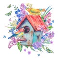 Watercolor illustration with birdhouse and birds