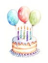 Watercolor illustration of a birthday cake with five burning candles and colored balloons.