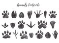 Watercolor illustration of black animal and bird trails - bear, wolf, chicken, moose, duck Paw prints Royalty Free Stock Photo