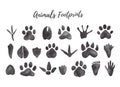 Watercolor illustration of black animal and bird trails - bear, wolf, chicken, moose, duck Paw prints Royalty Free Stock Photo