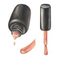 Watercolor illustration. A black bottle of nail polish pours and drips and cap separately. Isolated on a white Royalty Free Stock Photo