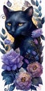 Watercolor illustration of a black cat with purple flowers. Vertical portrait Royalty Free Stock Photo