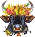 Watercolor illustration of black powerful bull in wreath of autumn leaves with splashes