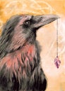 Watercolor illustration of a black raven with iridescent feathers and a crystal Royalty Free Stock Photo