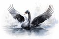 Watercolor illustration of a black swan floating on water. Digital painting. Generative AI Royalty Free Stock Photo