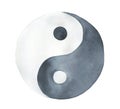 Watercolor illustration of black and white Yin and yang sign.