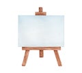 Watercolor illustration of blank artist canvas and brown wooden easel.