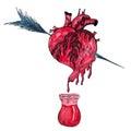 Watercolor illustration with bleeding human heart pierced by an arrow