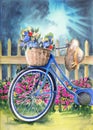 Watercolor illustration of a blue bicycle with a basket of flowers