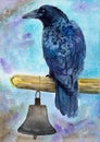 Watercolor illustration of a blue and black raven on a blue background