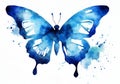 Watercolor illustration of a blue butterfly with splashed paint on a white background. Royalty Free Stock Photo