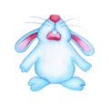 Watercolor illustration of a blue cute Easter bunny who is sad, disappointed and crying