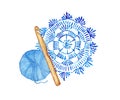 Watercolor illustration of a blue doily crochet and skein