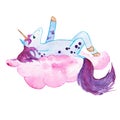 Watercolor illustration of a blue dreaming unicorn on a pink cloud Hand drawn isolated on white background.