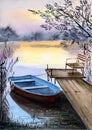 Watercolor illustration of a blue fishing boat near a wooden jetty Royalty Free Stock Photo