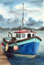 Watercolor illustration of a blue fishing ship with a red roof