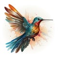 Watercolor illustration. Blue humming-bird flying and isolated on white background. rainbow bird. tropical colibri