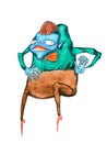 Watercolor illustration of blue humpbacked cartoon monster wearing smart clothes shirt, bow tie and trousers