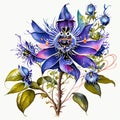 Watercolor illustration of blue passion flower on white background. Hand-drawn illustration. AI Generated
