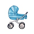 watercolor illustration blue stroller for baby