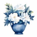 Watercolor Painting Of Blue Flowers In Vase - Dark White And White Style