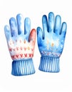 Watercolor Illustration of Blue Winter Gloves with Festive Pattern on White Royalty Free Stock Photo