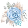 Watercolor illustration of Boho bouquet of blue rose and dried tropical leaves Floral arrangement wedding flowers