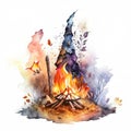 Watercolor illustration of a bonfire with firewood and firewood Generative AI animal ai