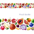 Watercolor illustration. A border of fruits. Fruit in the strip. Papaya, grapefruit, plum, pomegranate, pear, mandarin, pitahaya, Royalty Free Stock Photo