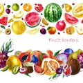 Watercolor illustration. Borders made of fruits. Fruit in the strip. Tropical fruits. Papaya, grapefruit, plum, pomegranate, pear Royalty Free Stock Photo