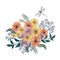 Watercolor illustration Botanical collection autumn flower gerbera rose cosmos and Dragonfly foliage leaves bouquet