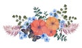 Watercolor illustration Botanical collection butterfly and blooming flower coral peach orange blue color foliage leaves bouquet Royalty Free Stock Photo