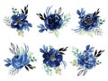 Watercolor illustration Botanical rose peony bunch foliage ranunculus wild flower  leaves collection blossom navy indigo abstract Royalty Free Stock Photo