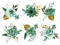 Watercolor illustration Botanical rose teal and gold black peony bunch foliage ranunculus wild flower  leaves collection blossom Royalty Free Stock Photo